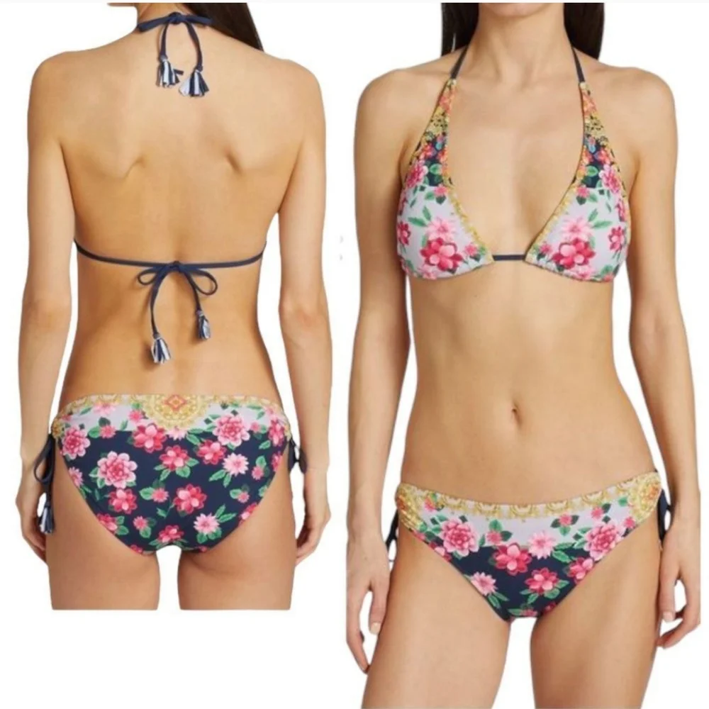 NWT Johnny Was Raina Tassel Bikini Halter Top and Tie Bottoms - Large